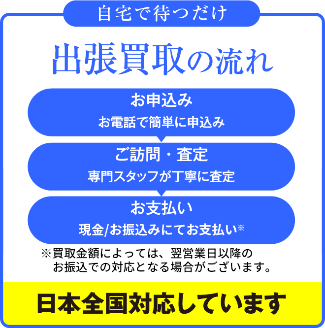 買取の流れ 自宅で待つだけ 出張買取の流れ お申込み お電話やメール、LINE等で簡単に申込 ご訪問・査定 専門スタッフが丁寧に査定 お支払い その場で現金お支払い 日本全国対応しています
